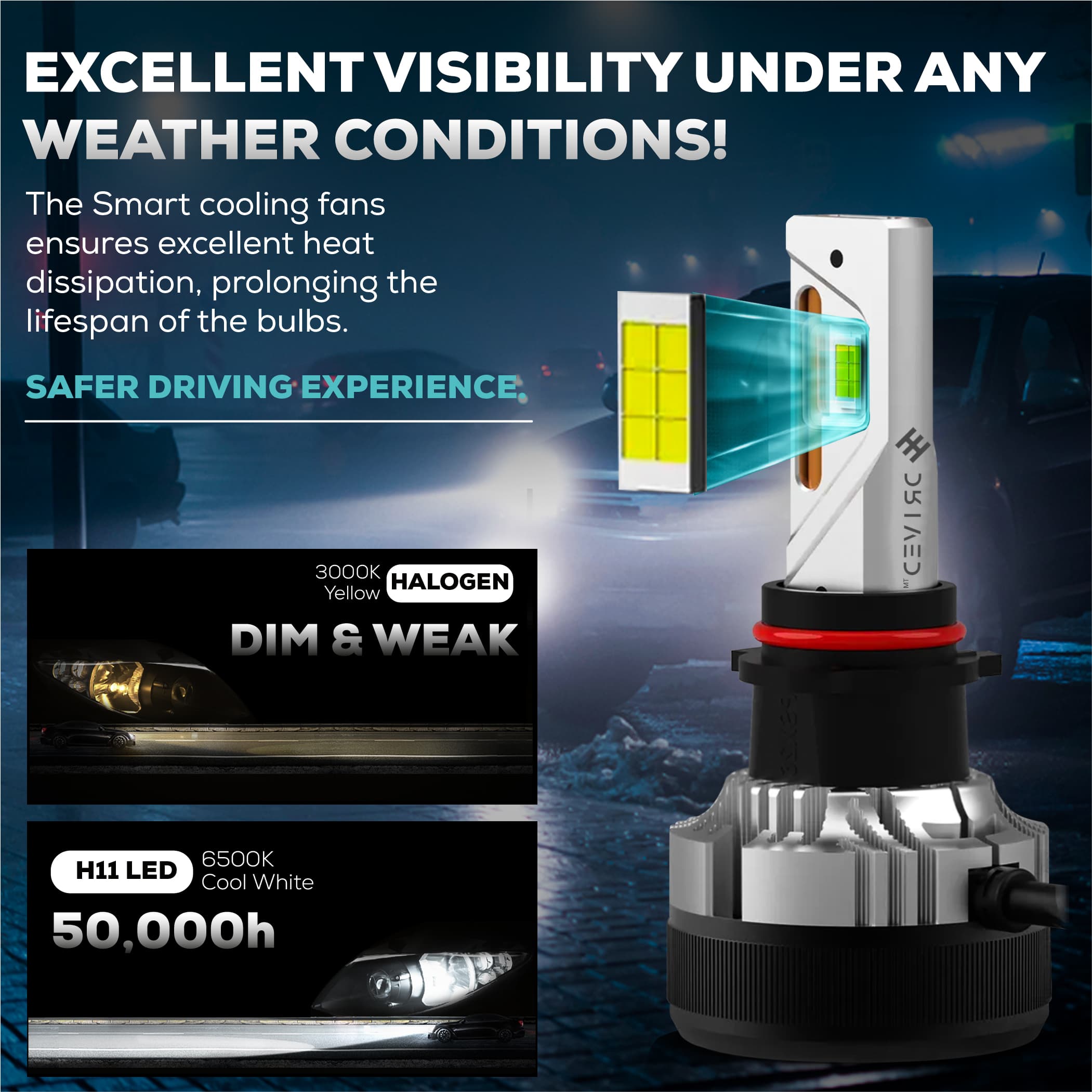 Vehicle driving in poor weather with bright LED headlight beam improving visibility through rain and mist